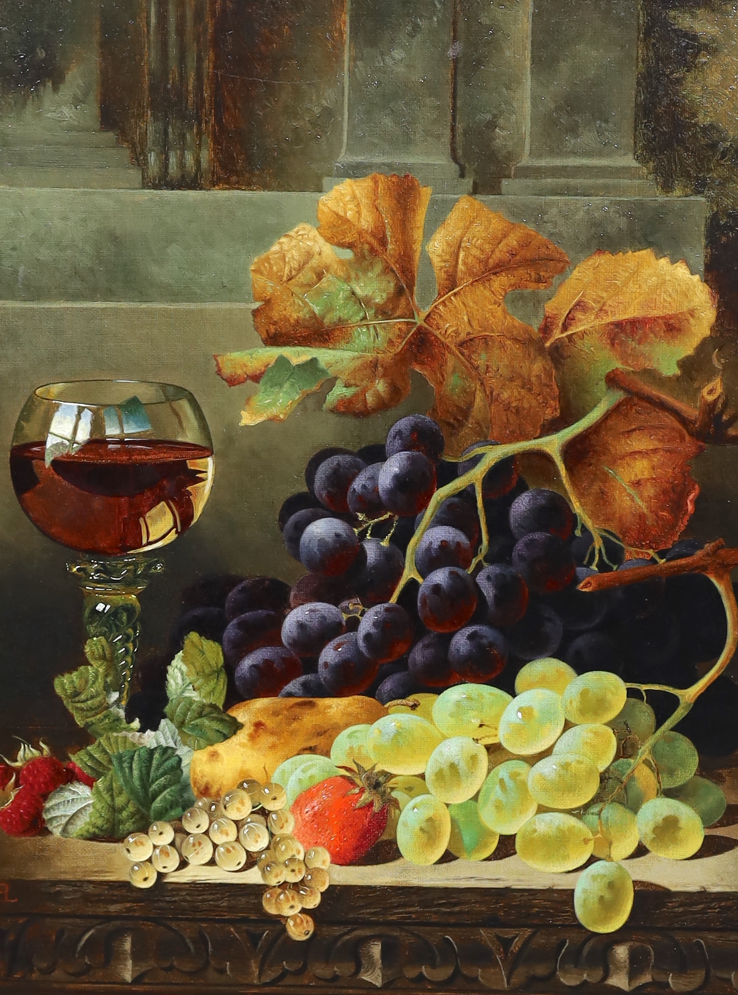 Edwin Ladell (English, 1821-1886), Still life with a Dutch roemer, grapes, a strawberry and raspberries, oil on canvas, 38 x 29cm, Please note this lot attracts an additional import tax of 5% on the hammer price